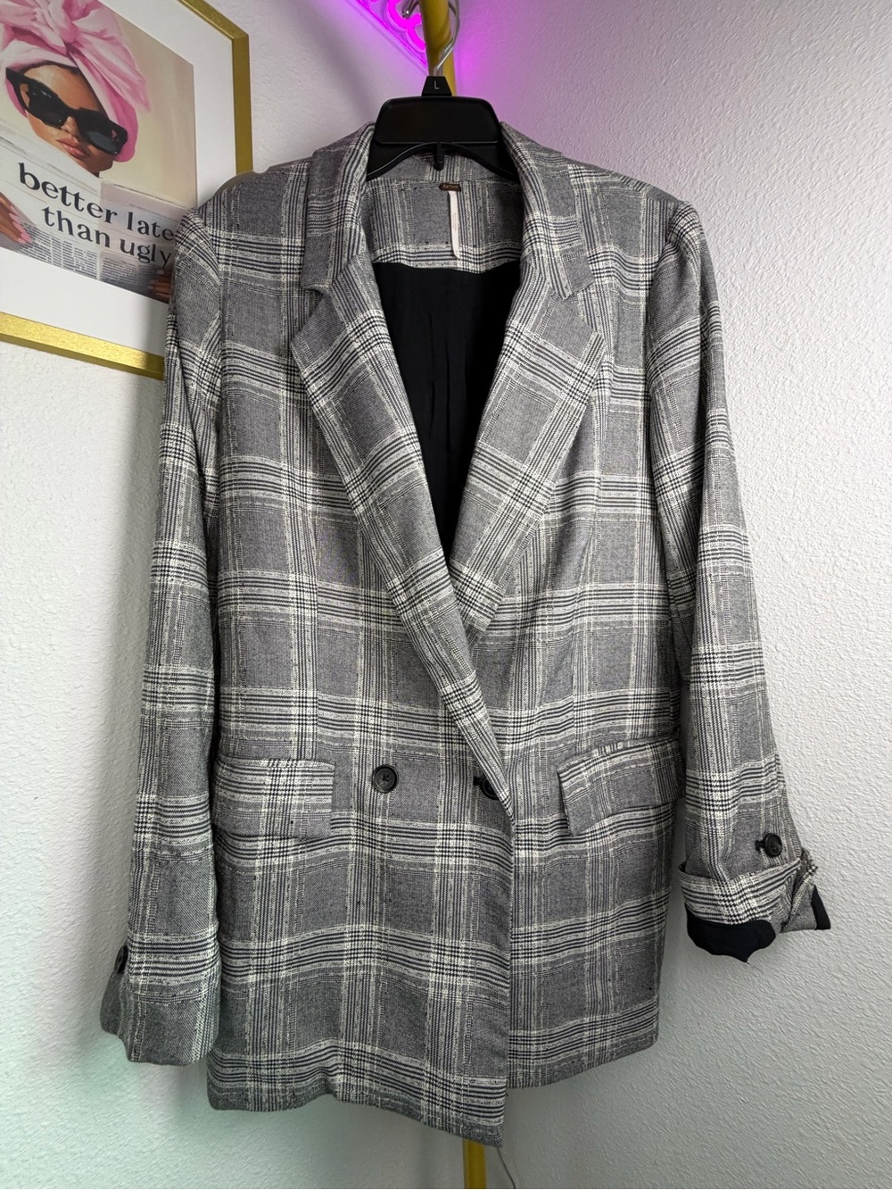 Free People Black and White Plaid Blazer Jacket Size Medium NWOT